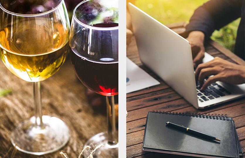 split image of a person using computer and two glasses of wine