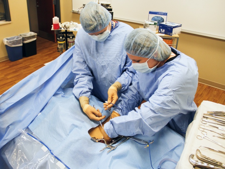 两位女性进行手术技术模拟